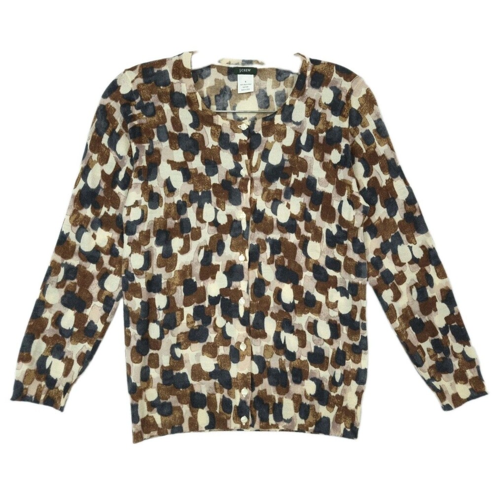 J.Crew Women S Cardigan Merino Wool Cream Brown Button Up Artsy Abstract Spotted